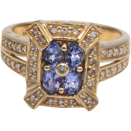 14k Yellow Gold 0.60CT VS Diamond and Tanzanite Cluster Cocktail Ring Size 7