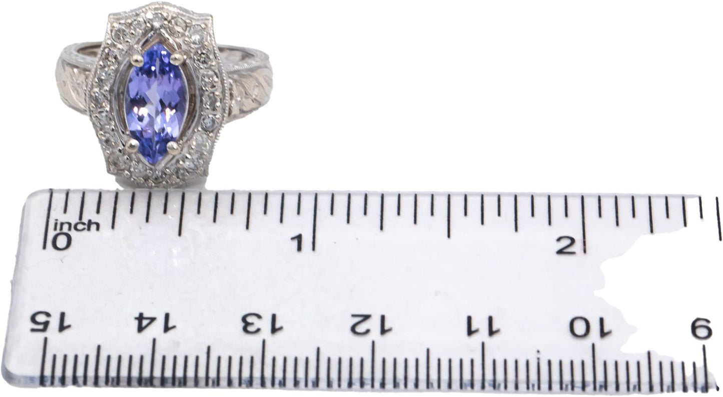 14k White Gold 1.65CT Diamond and Tanzanite Filigree Cocktail Ring Size 7