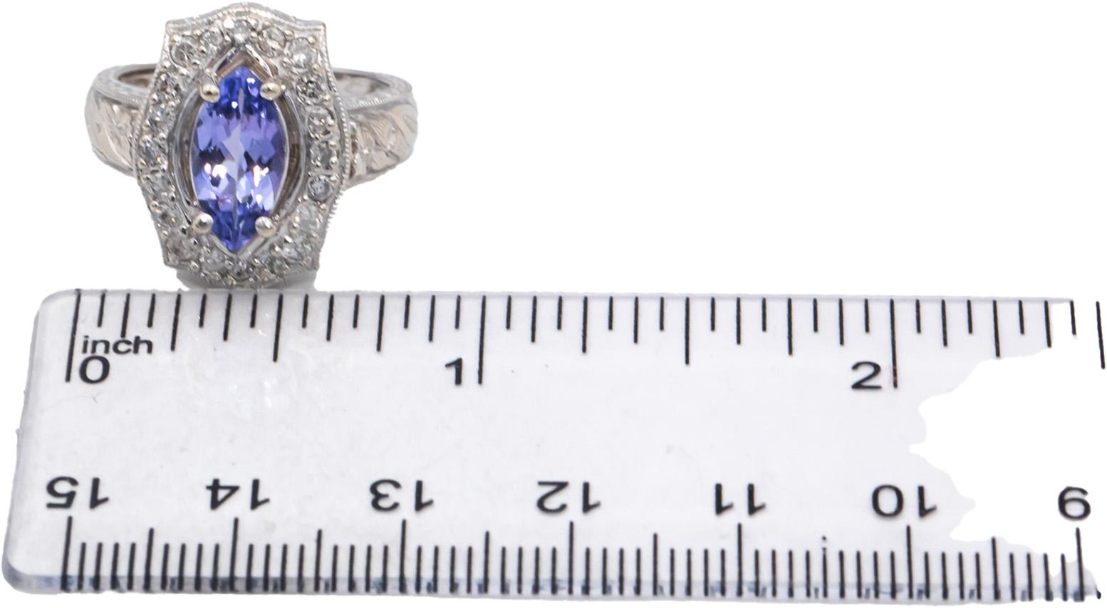 14k White Gold 1.65CT Diamond and Tanzanite Filigree Cocktail Ring Size 7