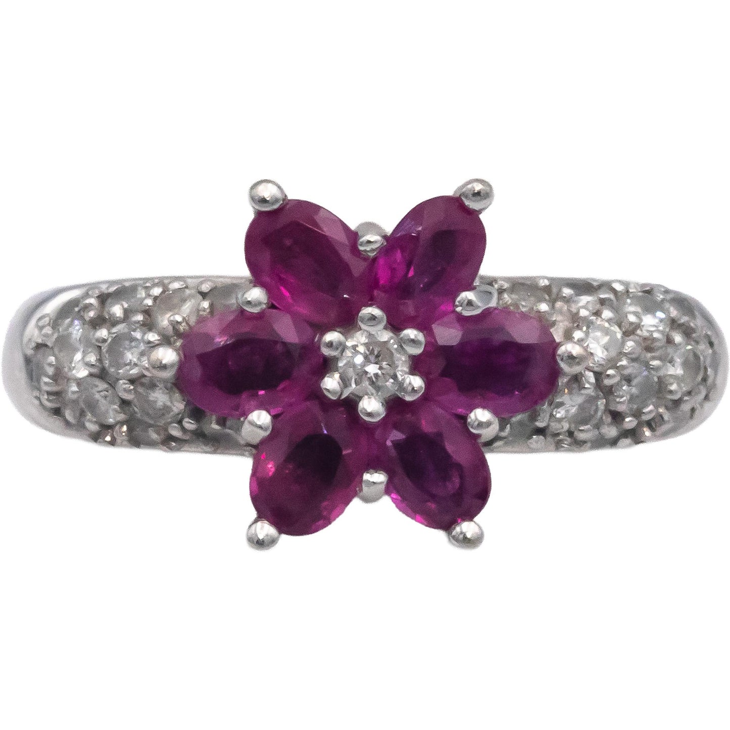 BH Effy 14k White Gold 1.95CT Diamond and Ruby Flower Ring Size 6.75
