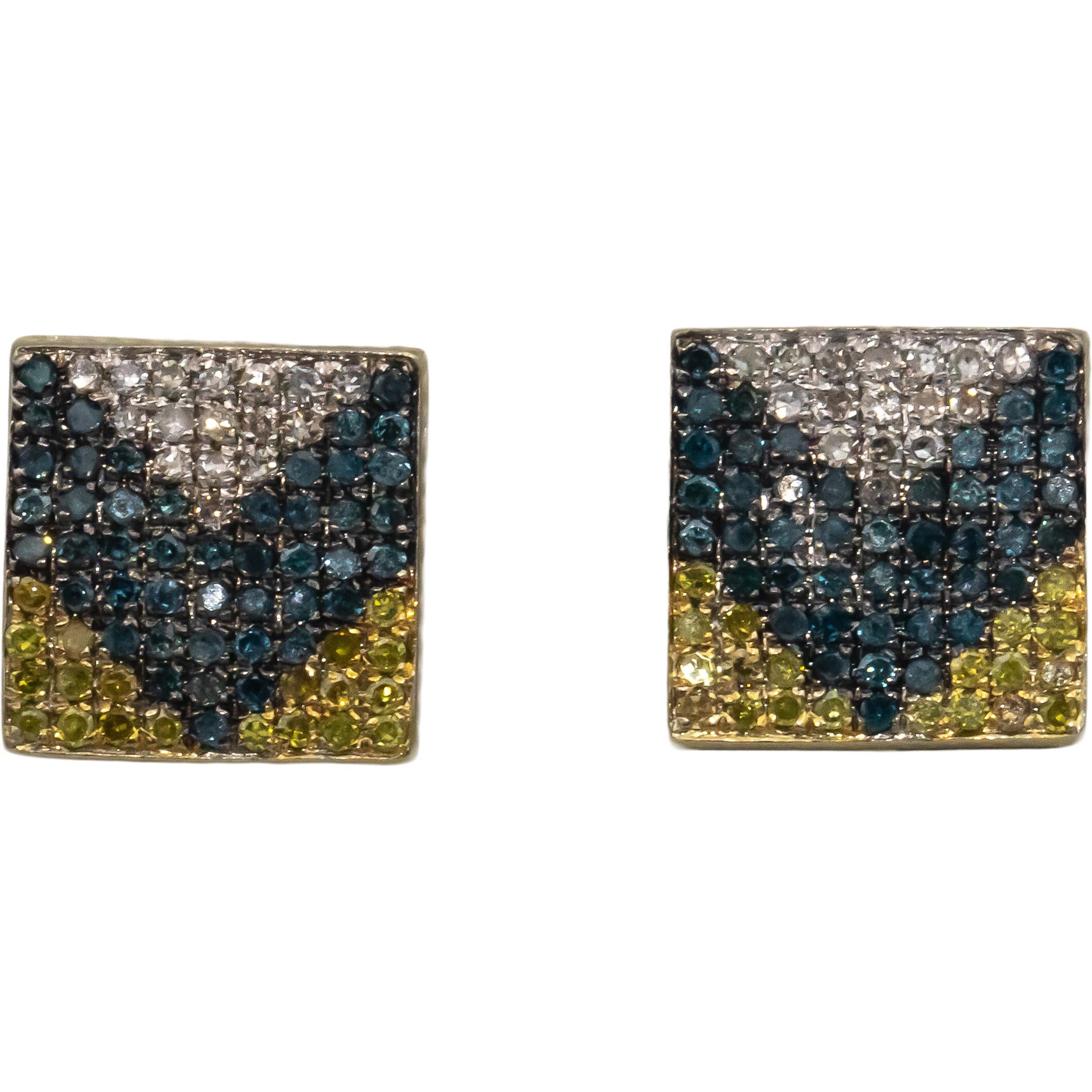 14k White Gold White Yellow Blue Diamond Pave Square Stud Earrings 0.75CT