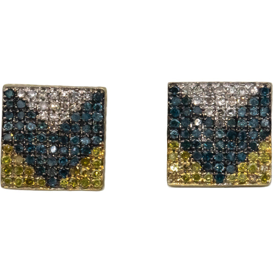 14k White Gold 0.75CT White Yellow Blue Diamond Pave Square Stud Earrings