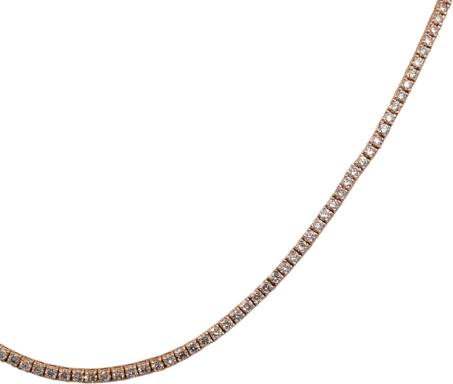 14k Rose Gold VS Round Cut Diamond Tennis Necklace 17.75" Long 6.39CT