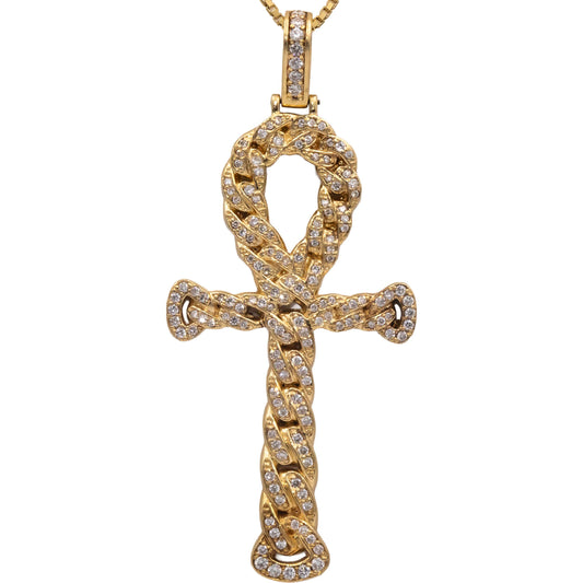 14k Yellow Gold Jewelry Round Diamond Ankh Cross Pendant Necklace 2.10CT