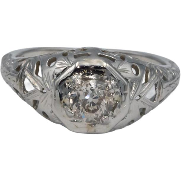 Vintage Antique 18k Gold 0.45CT Old Mine Cut Diamond Filigree Ring Size 6.75