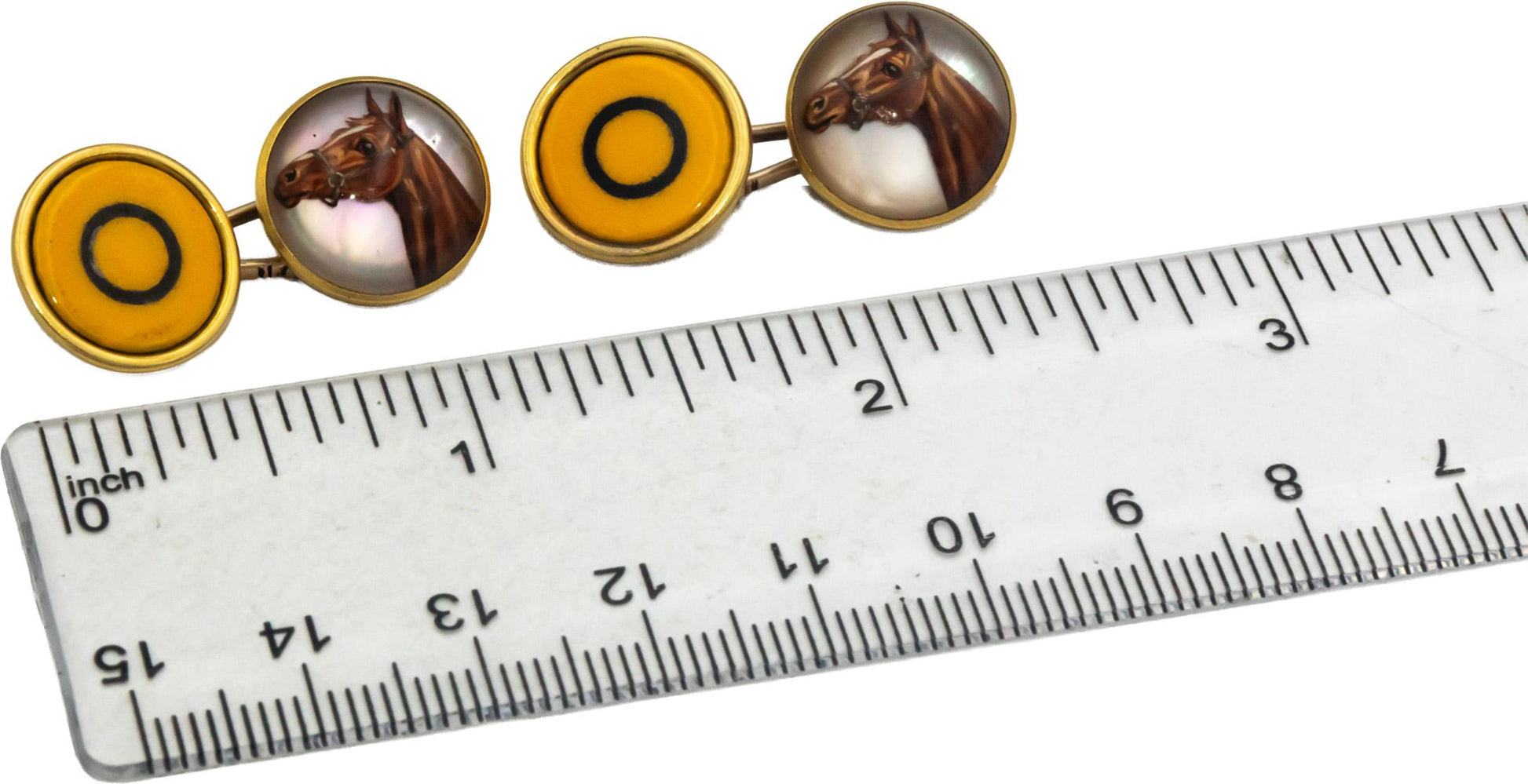 Vintage 18k Yellow Gold Lenox Reverse Crystal Enamel Horsehead Cuff Links