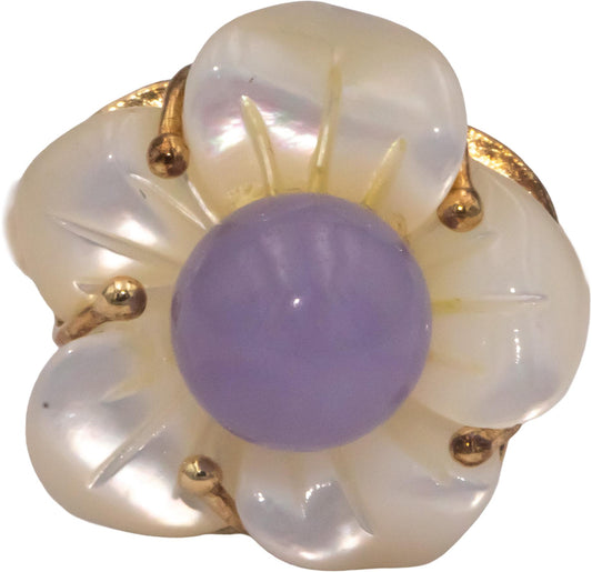 14k Yellow Gold Purple Jade and Carved Mother of Pearl Flower Ring Size 7.25