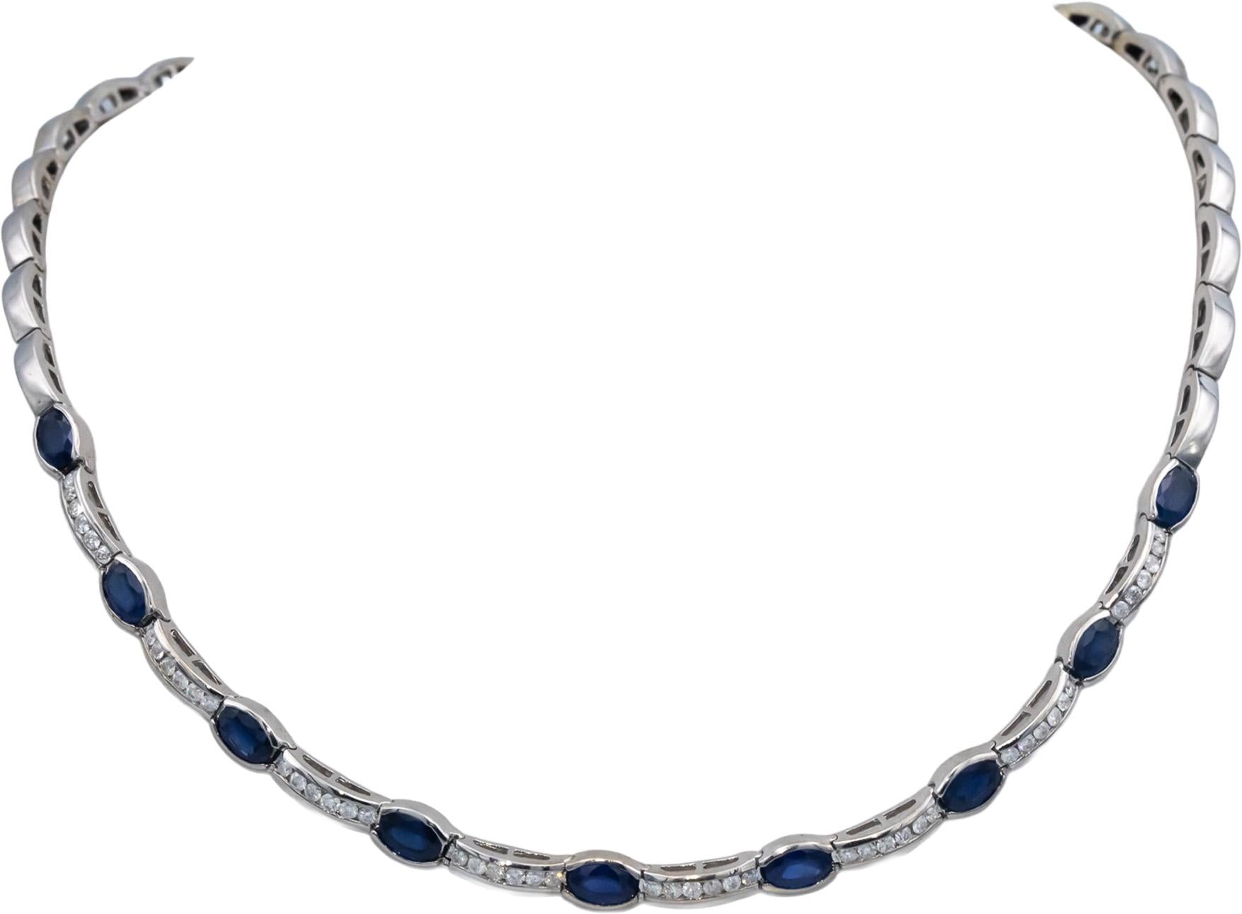 14k White Gold Round Diamond and Oval Sapphire Fancy Link Necklace 7.0CT