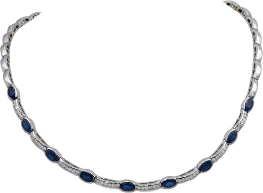 14k White Gold Round Diamond and Oval Sapphire Fancy Link Necklace 7.0CT
