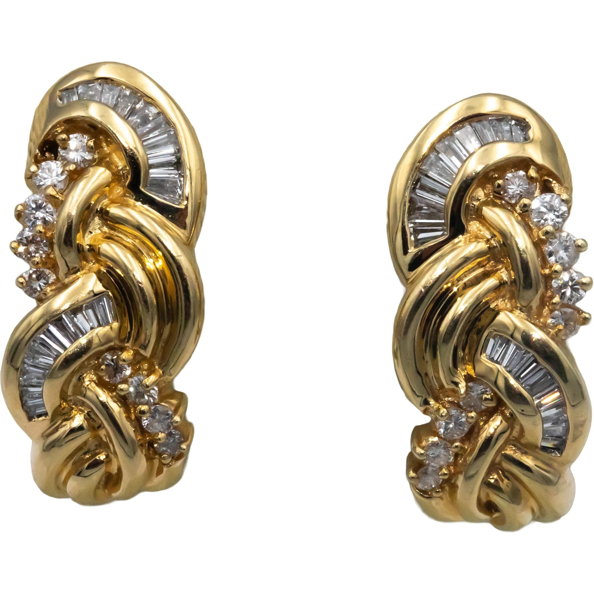 14k Yellow Gold 1.0CT Round & Baguette Cut Diamond Twisted Curved Earrings