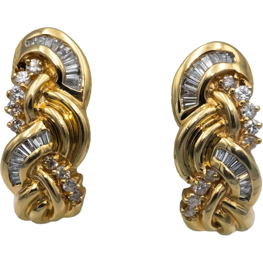 14k Yellow Gold 1.0CT Round & Baguette Cut Diamond Twisted Curved Earrings