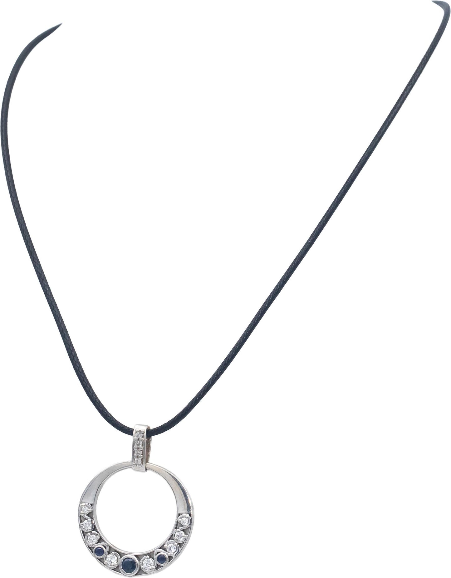 14k White Gold 0.53CT VS Round Cut Diamond and Sapphire Pendant Necklace