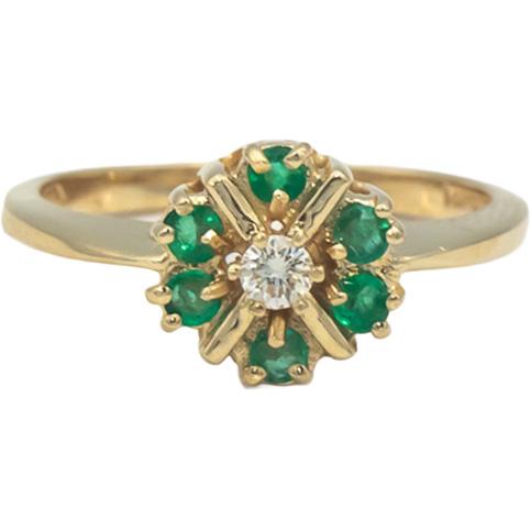 14k Yellow Gold Round Diamond and Emerald Ring 0.30CT Size 6.75