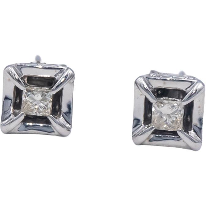 10k White Gold Princess and Round Diamond Stud Earrings 0.50CT