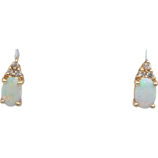 14k Yellow Gold 0.35CT Round Cut Diamond & Cabochon Opal Stud Earrings