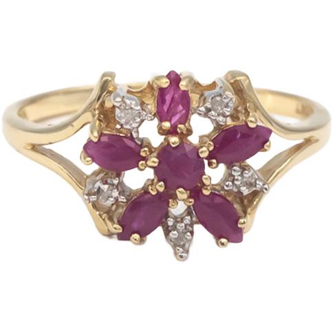 10k Yellow Gold Jewelry 0.48CT Diamond and Ruby Flower Ring Size 7.25