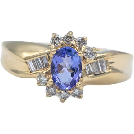 14k Yellow Gold 0.90CT Diamond and Tanzanite Halo Cocktail Ring Size 8
