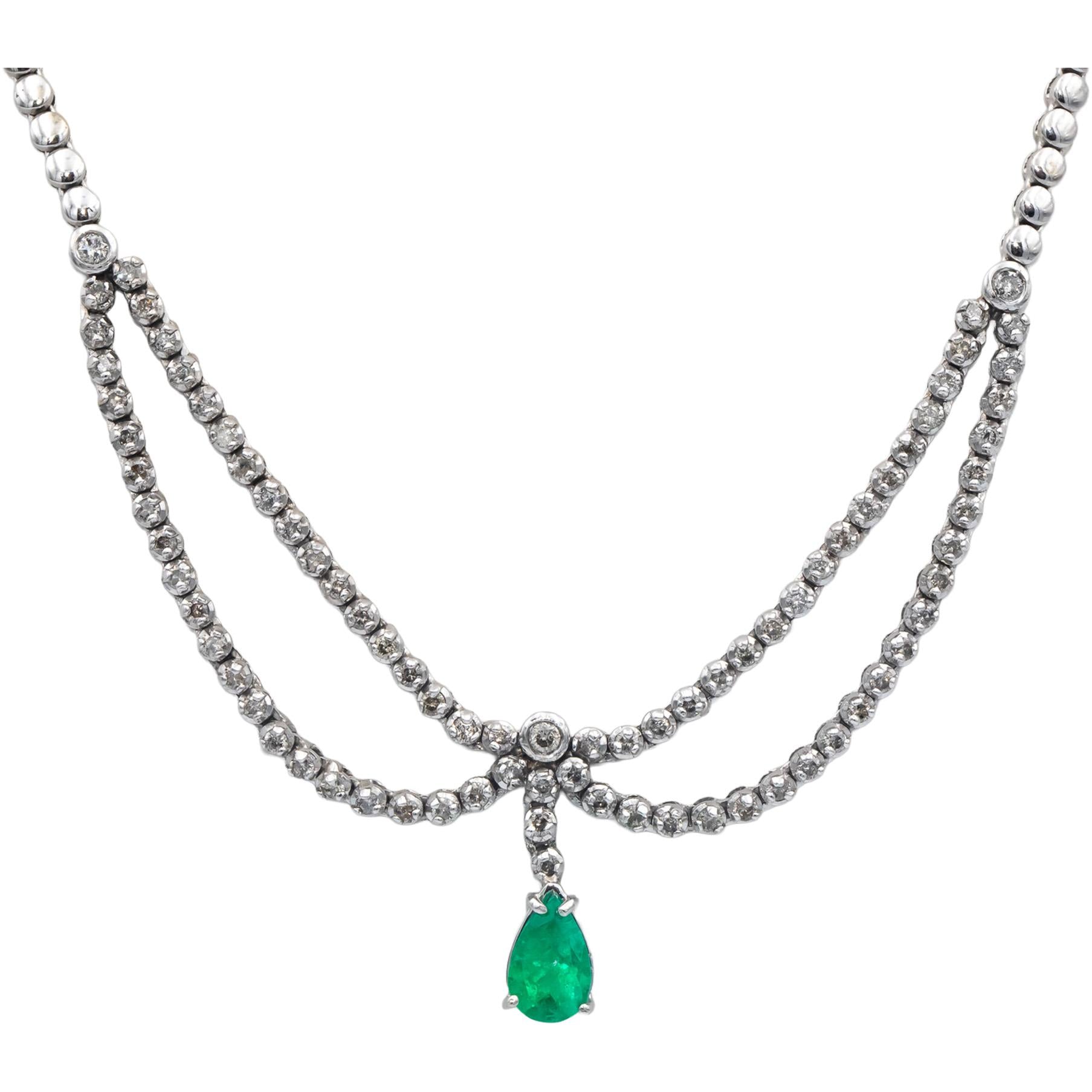 14k White Gold Jewelry Round Diamond Pear Emerald Collar Formal Necklace 5.0CT