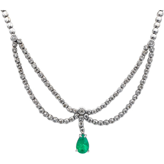 14k White Gold Jewelry Round Diamond Pear Emerald Collar Formal Necklace 5.0CT