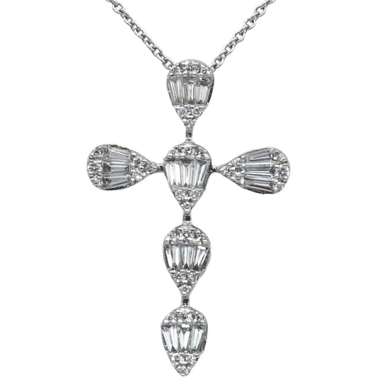 18k White Gold .42CT VS Round & Baguette Diamond Cross Crucifix Pendant Necklace
