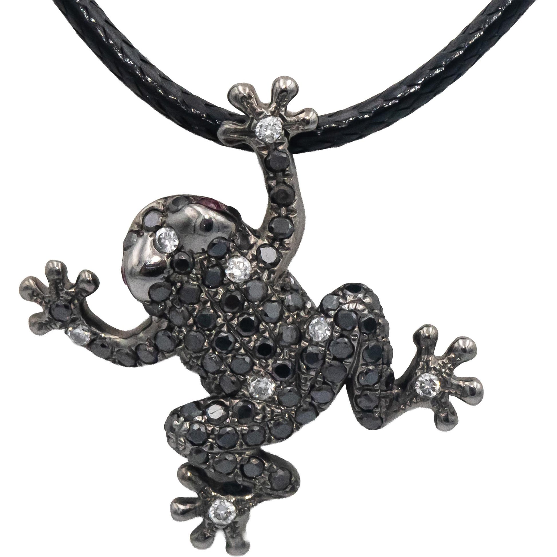 14k White Gold Rhodium 0.25CT White & Black Diamond Cluster Tree Frog Pendant