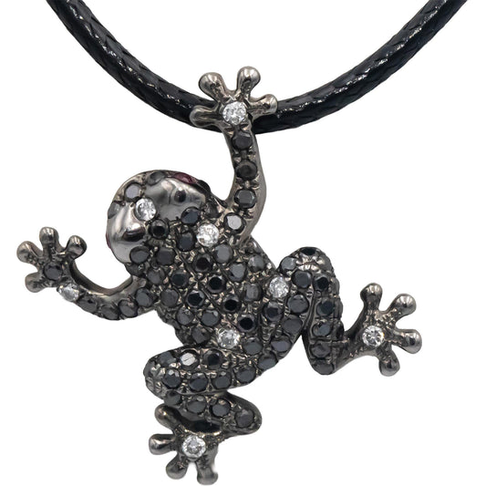 14k White Gold Rhodium 0.25CT White & Black Diamond Cluster Tree Frog Pendant