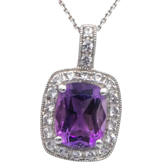 14k White Gold 2.35CT Amethyst and White Topaz Halo Pendant Necklace Chain