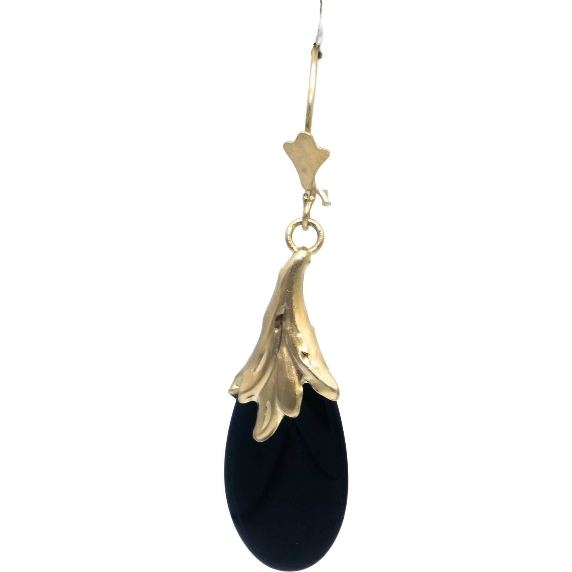 14k Yellow Gold Pear Cabochon Black Onyx Drop Dangle Earrings