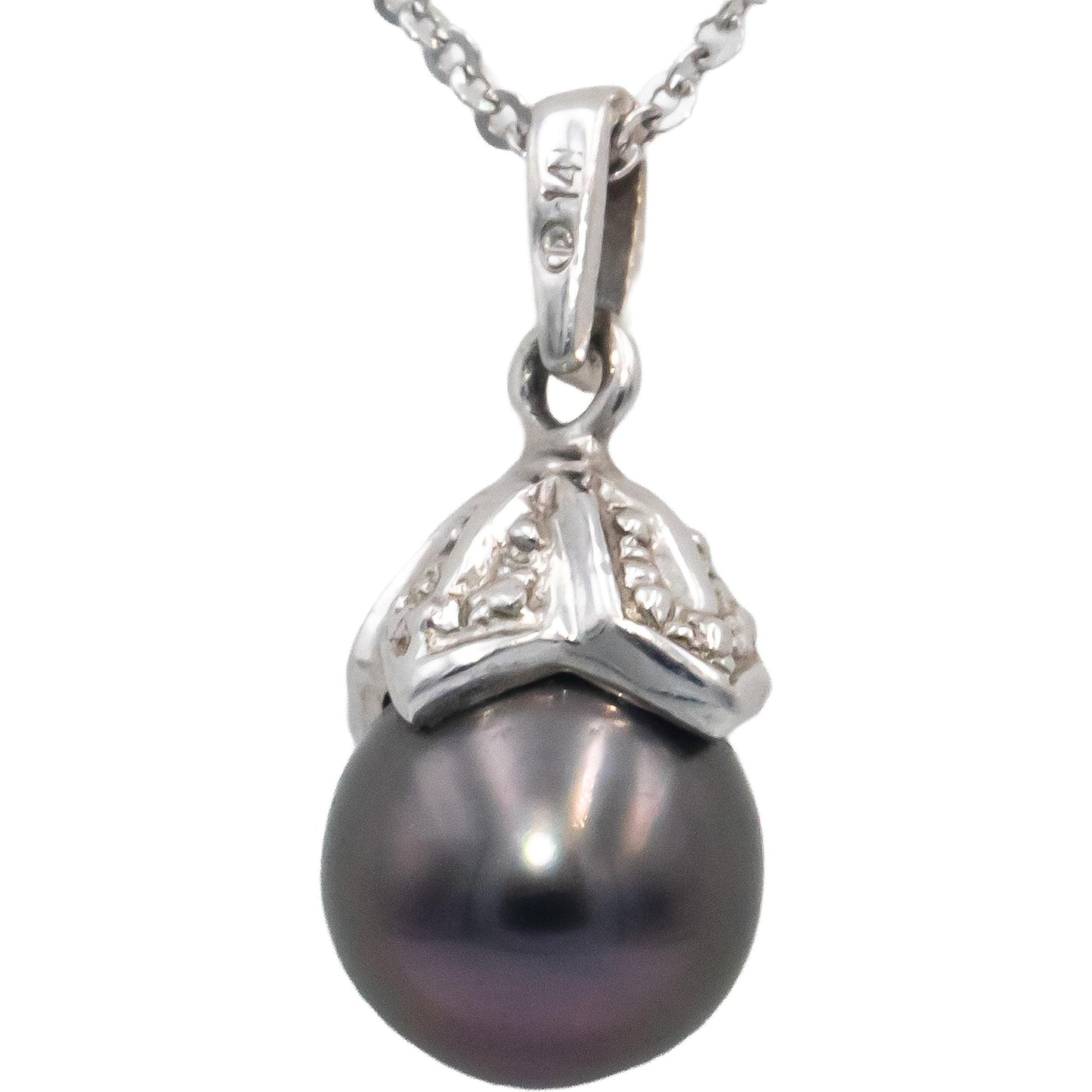 14k White Gold Jewelry 8.0mm Black Pearl Pendant Necklace Chain
