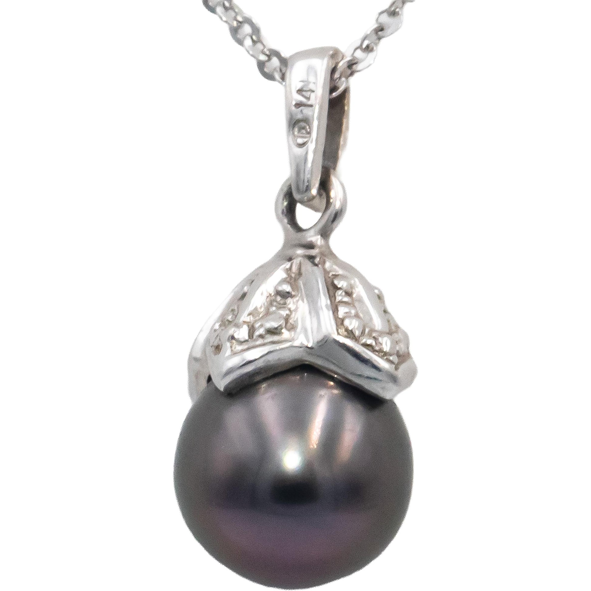 14k White Gold Jewelry 8.0mm Black Pearl Pendant Necklace Chain