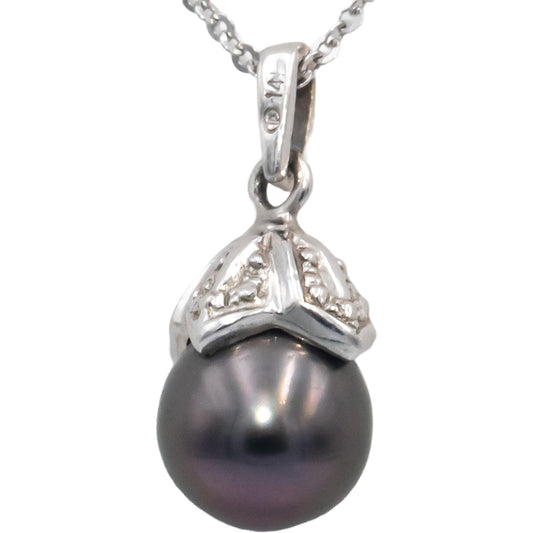 14k White Gold Jewelry 8.0mm Black Pearl Pendant Necklace Chain