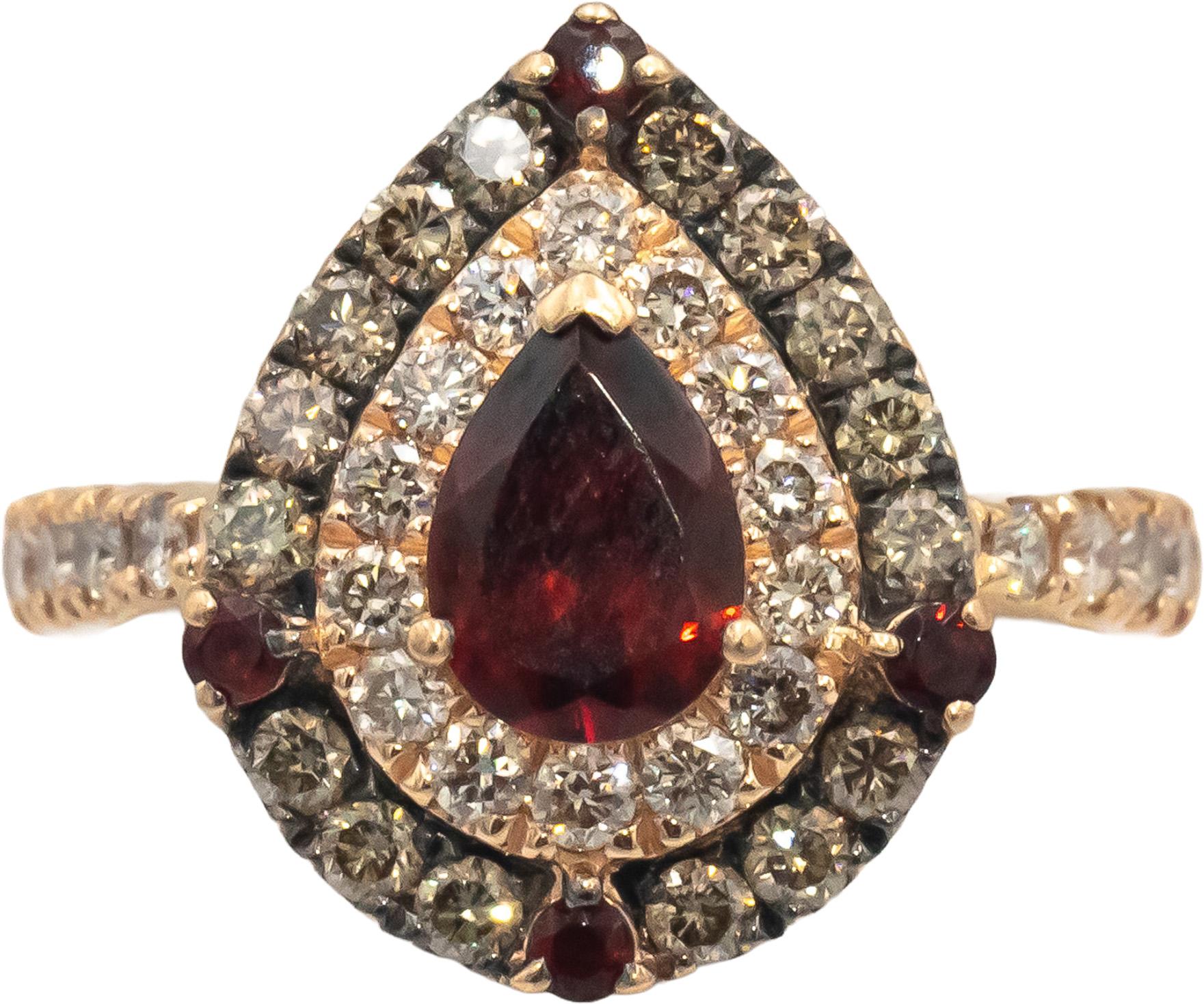 LE VIAN 14k Rose Gold Pear Shaped Garnet Ring w/ 0.75CT Diamonds Size 5.5