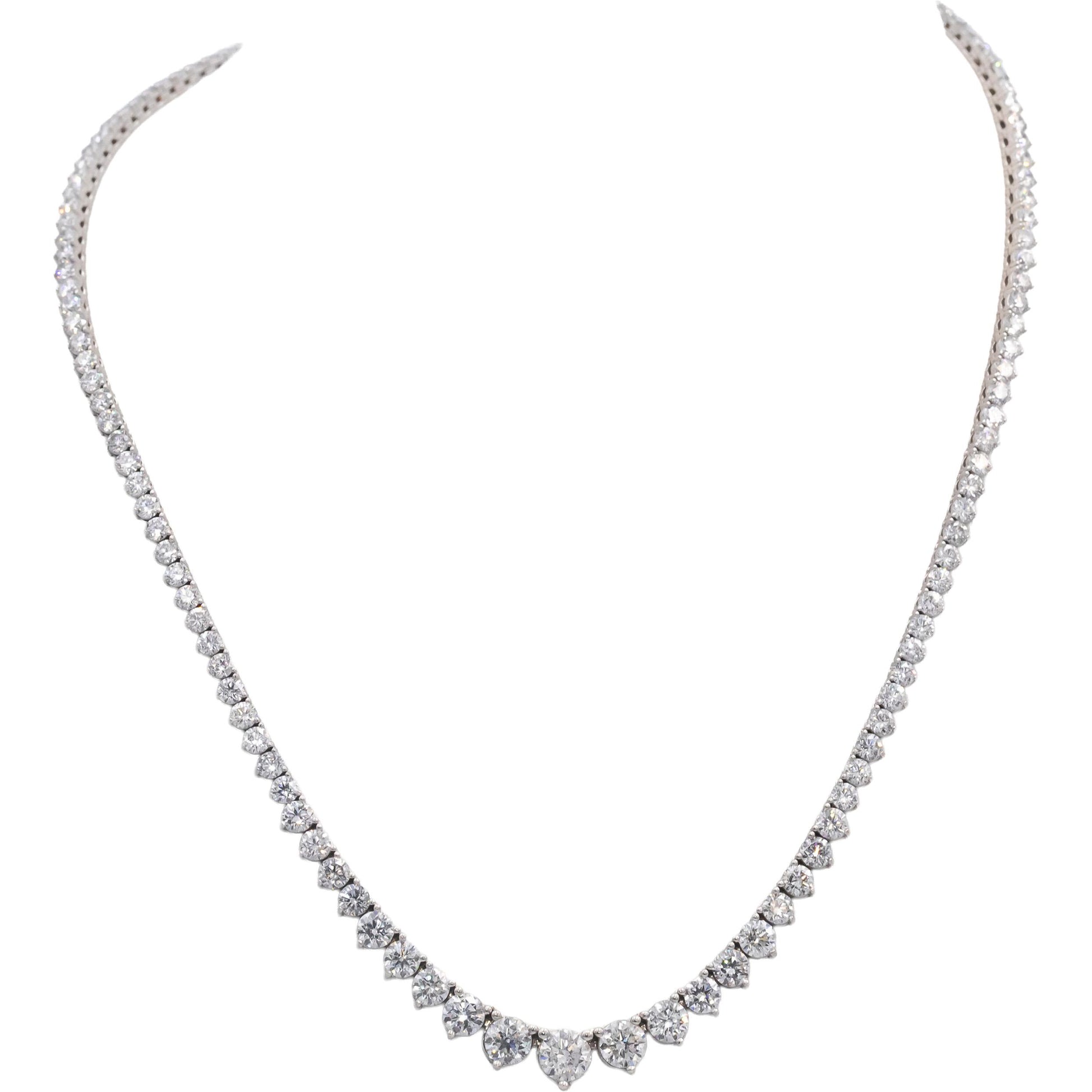 Round Diamond 14k White Gold Graduated Width Riviera Necklace 14.02CT