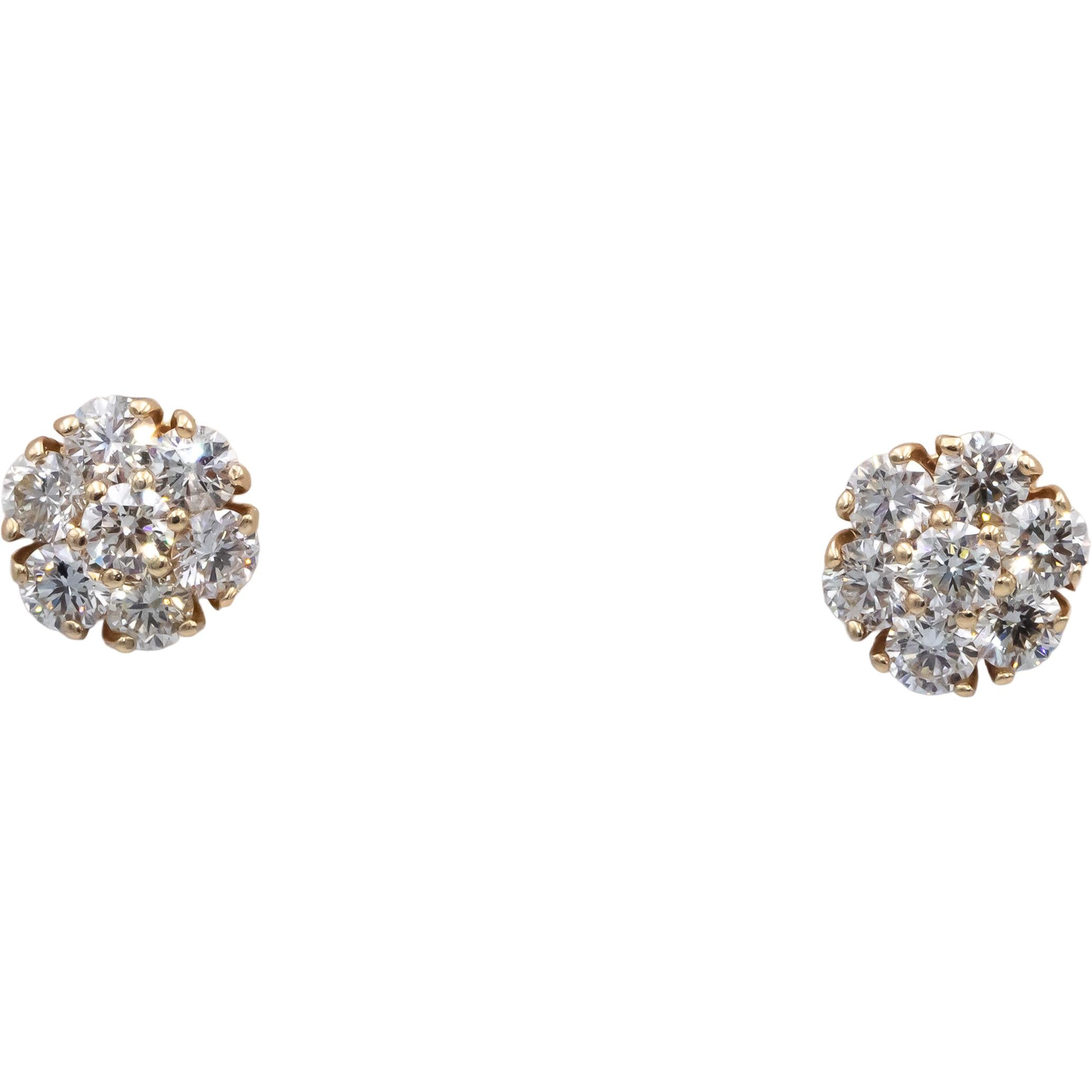 14k Yellow Gold Round VS Diamond Cluster Flower Stud Earrings 1.23CT