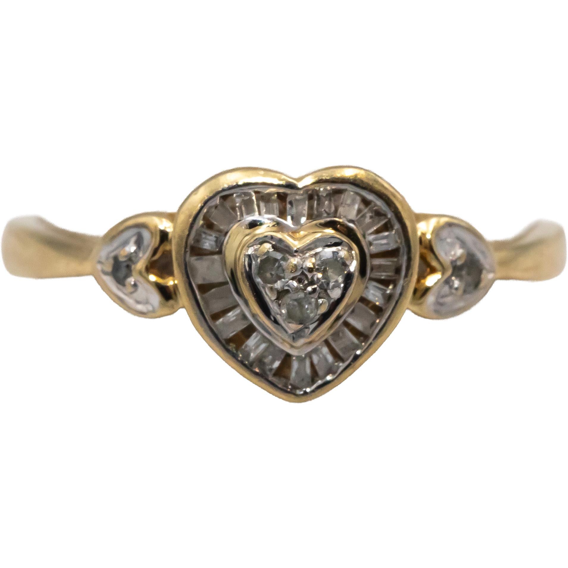 10k Yellow Gold Round & Baguette Cut Diamond Heart Ring 0.15CT Size 7.25