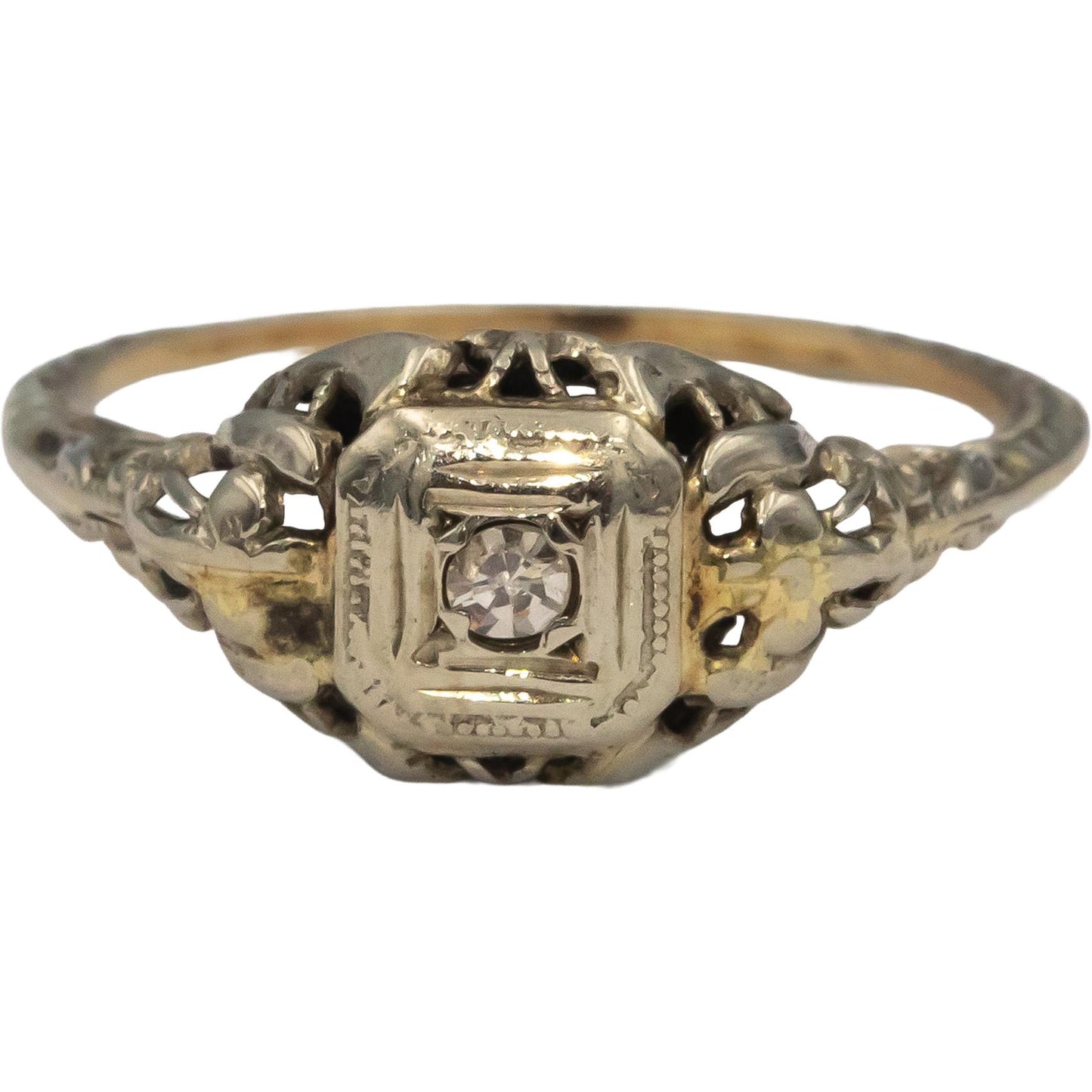 Vintage Antique 14k White Gold Single Cut Diamond Solitaire Filigree Ring .05CT