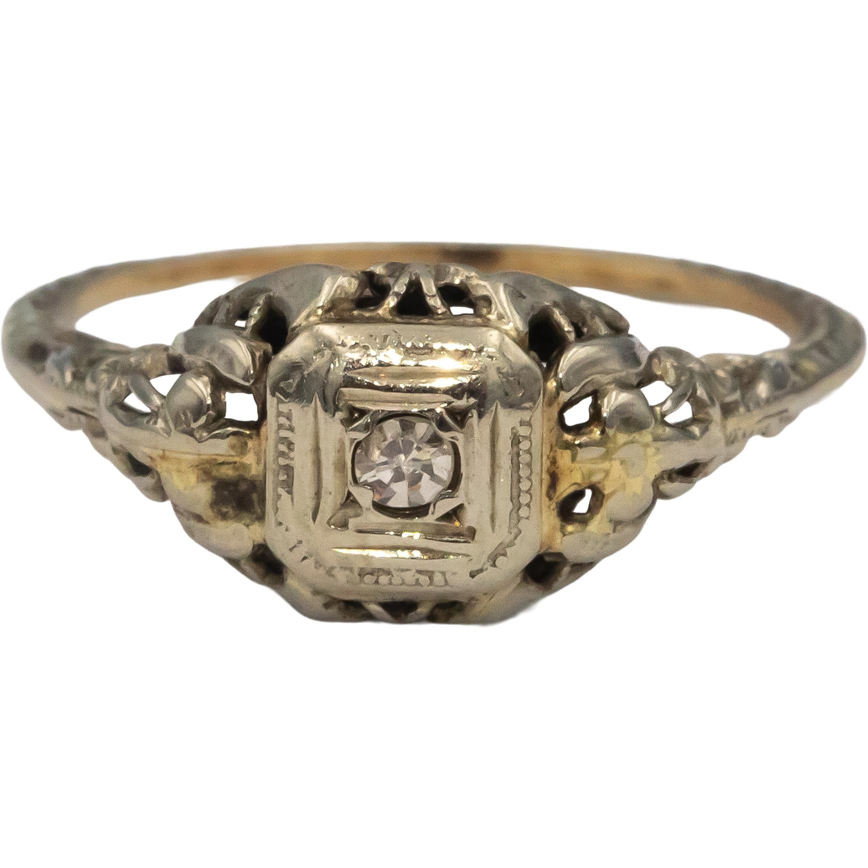 Vintage Antique 14k White Gold Single Cut Diamond Solitaire Filigree Ring .05CT