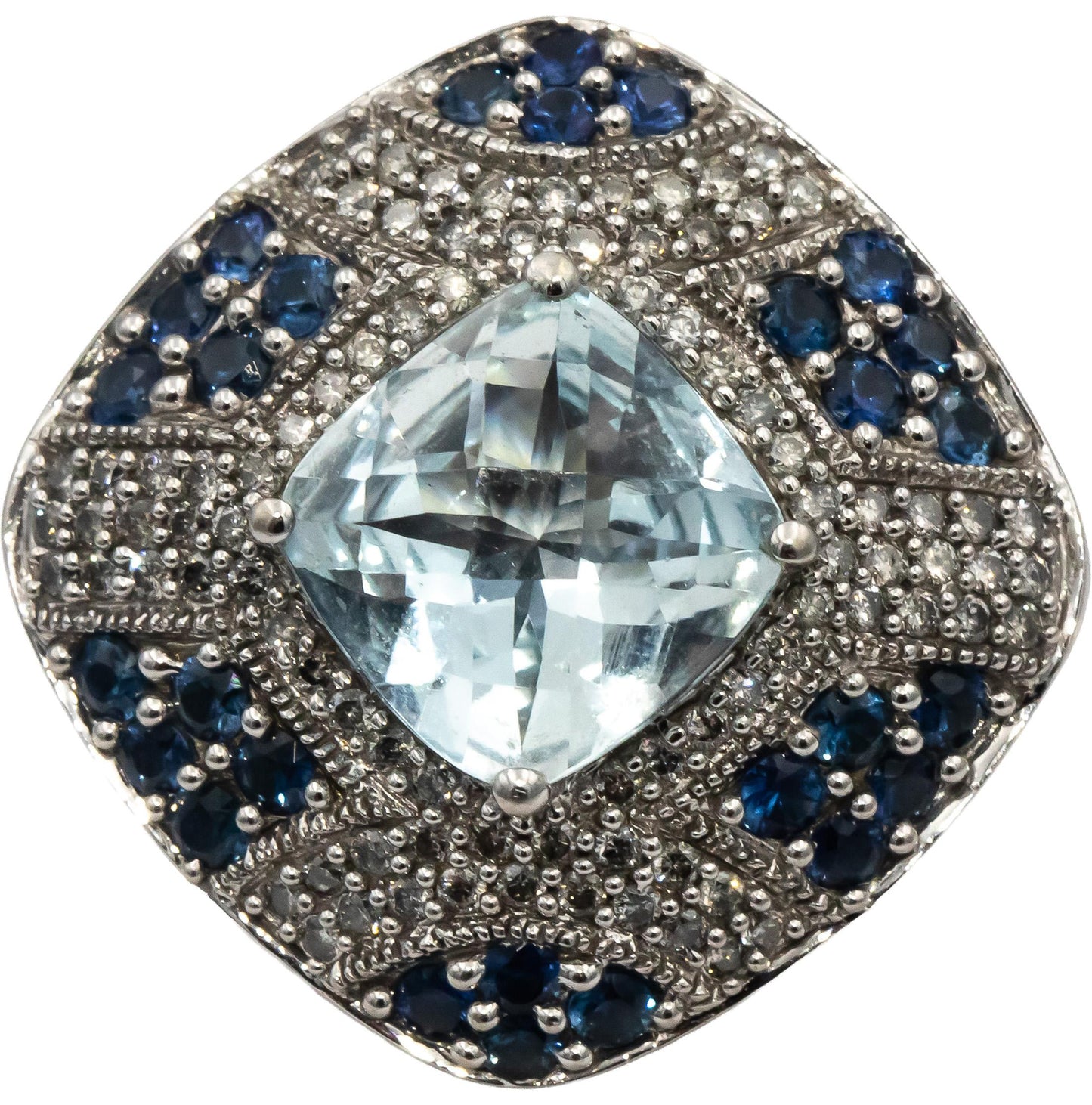 14k White Gold Aquamarine Diamond Sapphire Cluster Cocktail Ring 5.50CT Sz. 6.25