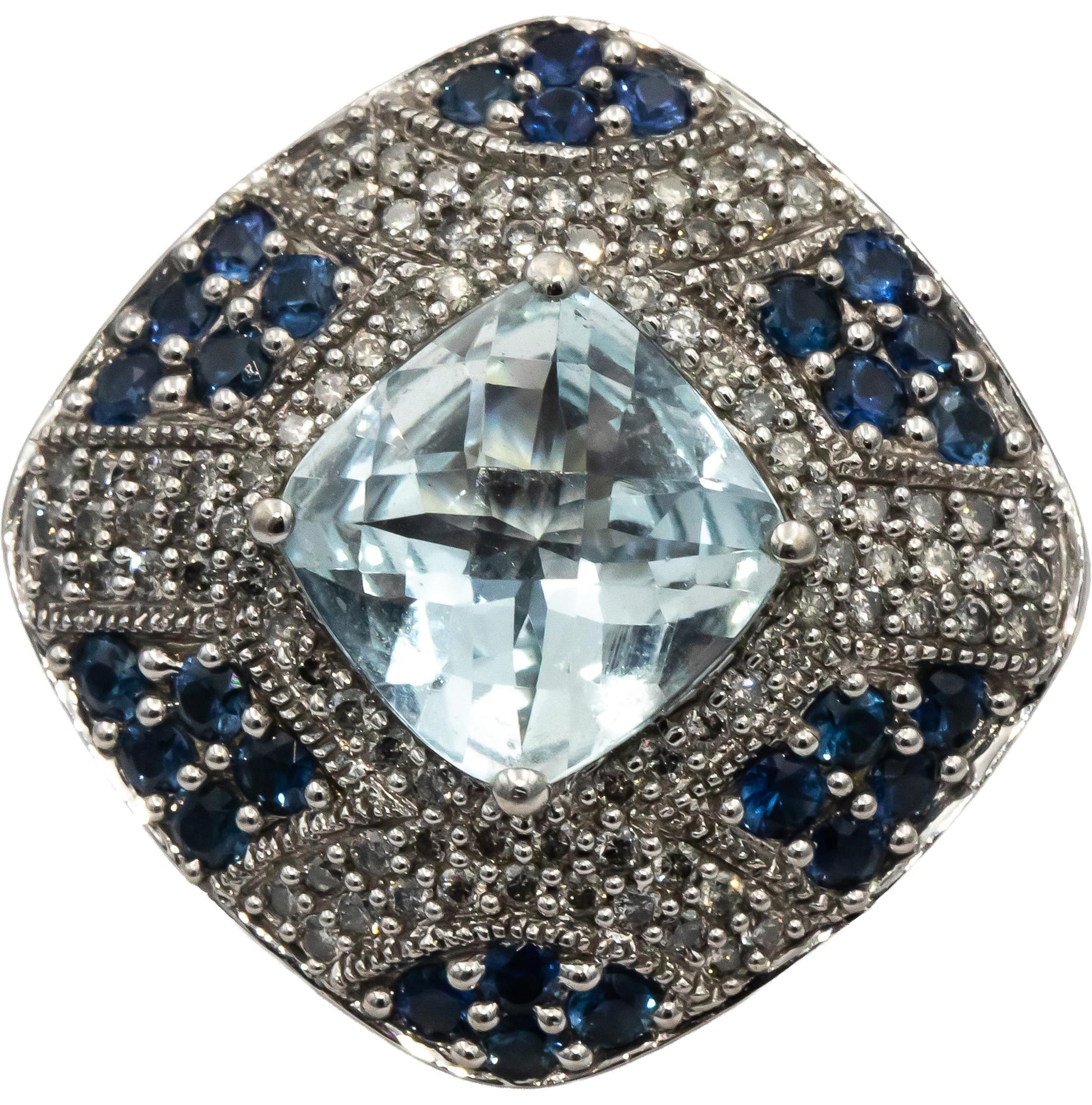14k White Gold Aquamarine Diamond Sapphire Cluster Cocktail Ring 5.50CT Sz. 6.25