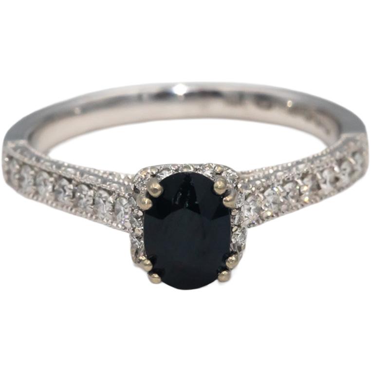 14k White Gold Oval Sapphire & Round Diamond Cocktail Ring 1.38CT Size 7