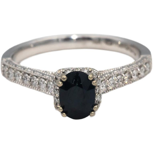 14k White Gold Oval Sapphire & Round Diamond Cocktail Ring 1.38CT Size 7