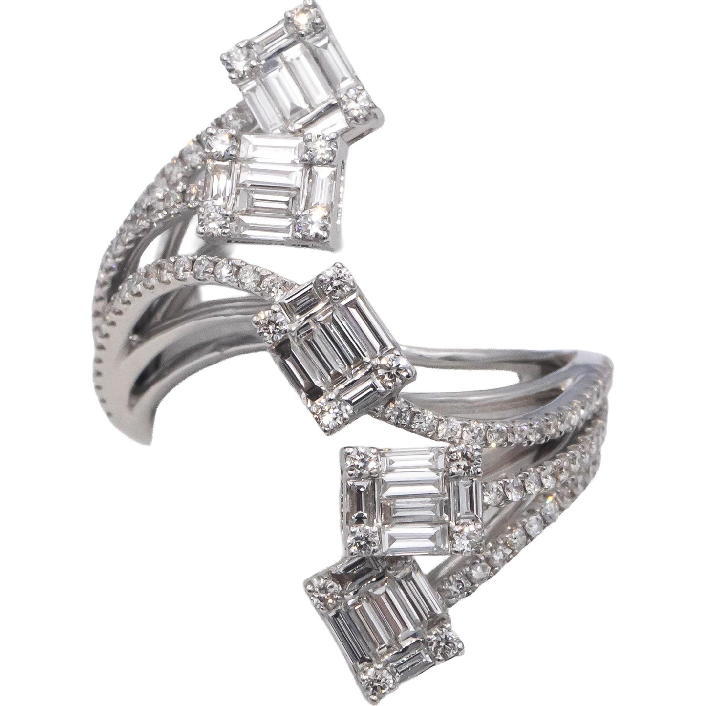 18k White Gold VS Baguette & Round Diamond Cocktail Ring 2.0CTW Size 7