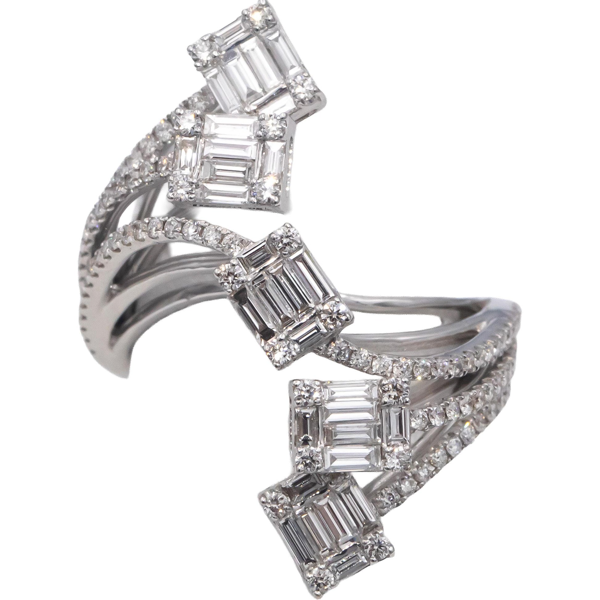 18k White Gold VS Baguette & Round Diamond Cocktail Ring 2.0CTW Size 7