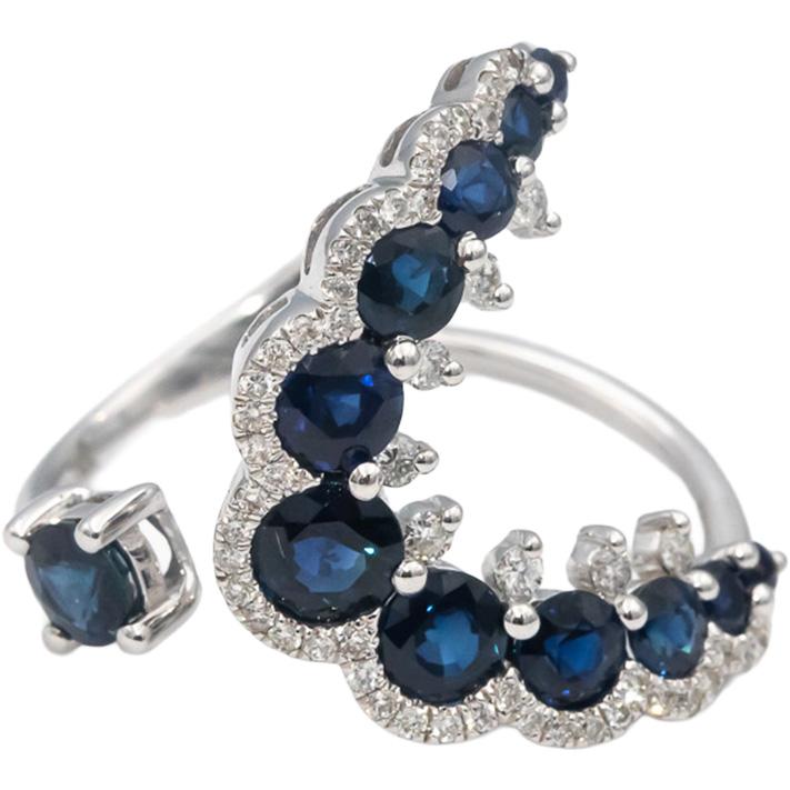 18k White Gold Round Cut Blue Sapphire & Diamond Bypass Wrap Ring 2.25CTW Size 7