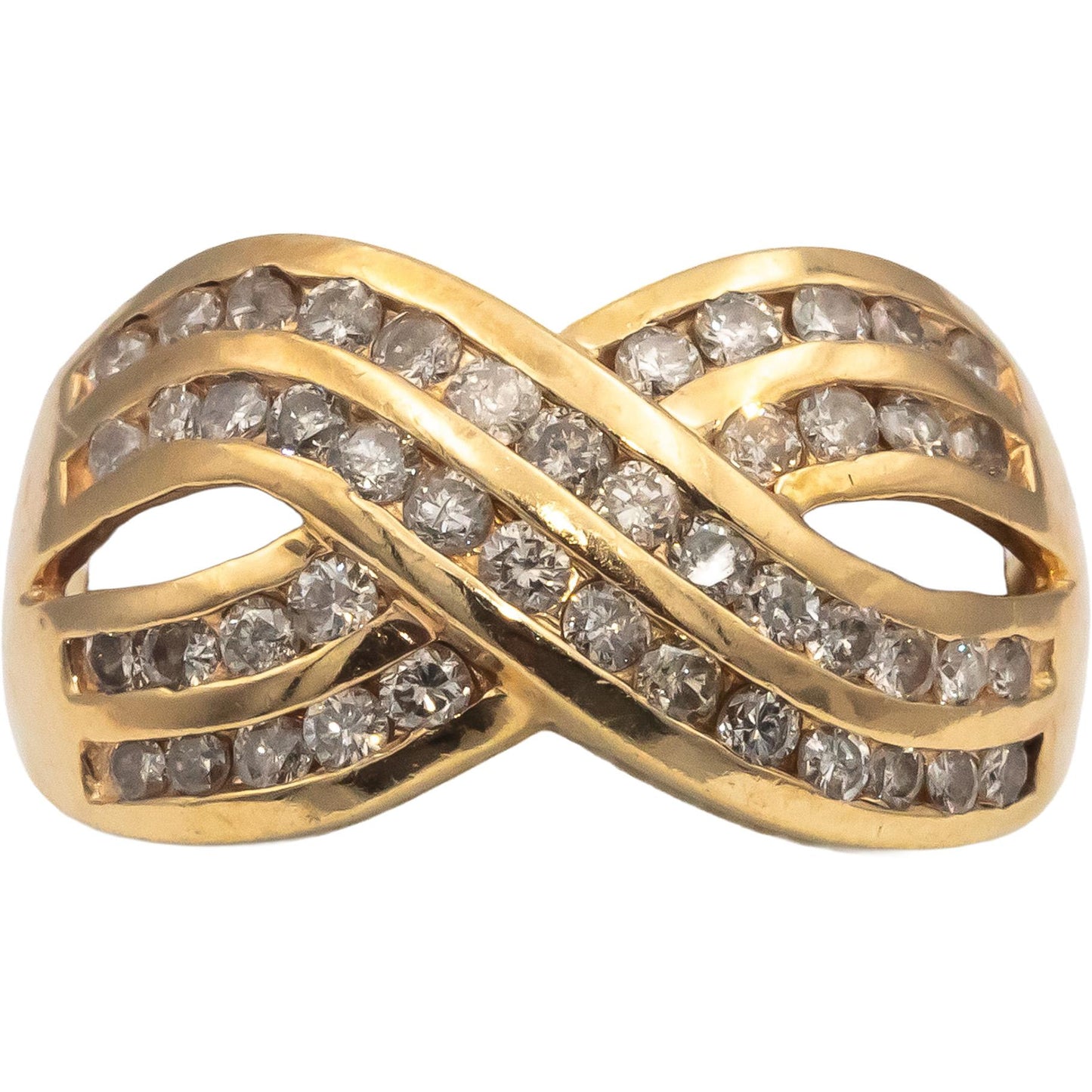 14k Yellow Gold Round Channel Set Diamond Crossover Ring 0.90CTW Size 9.25
