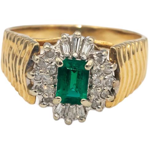 14k Yellow & White Gold Emerald & Diamond Cocktail Ring 0.60CT Size 7.5