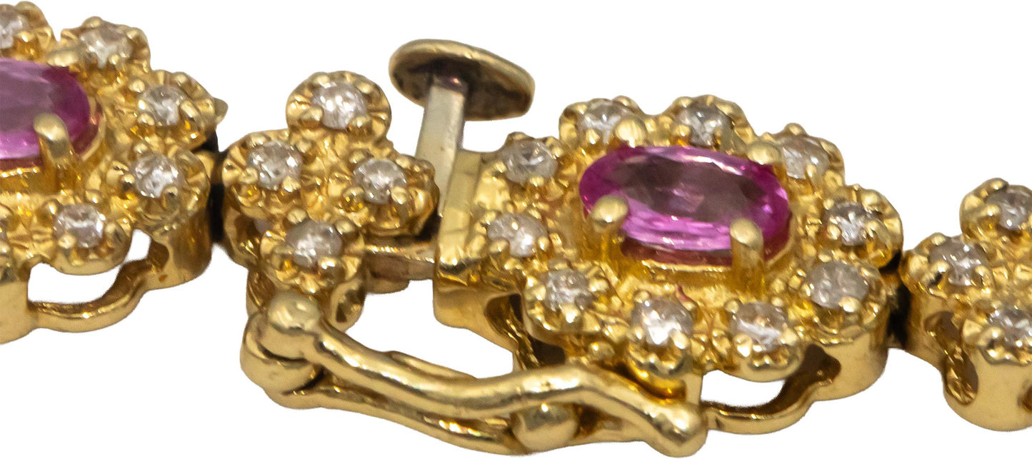 14k Yellow Gold Oval Pink Sapphire Round Diamond Floral Link Bracelet 4.50CTW