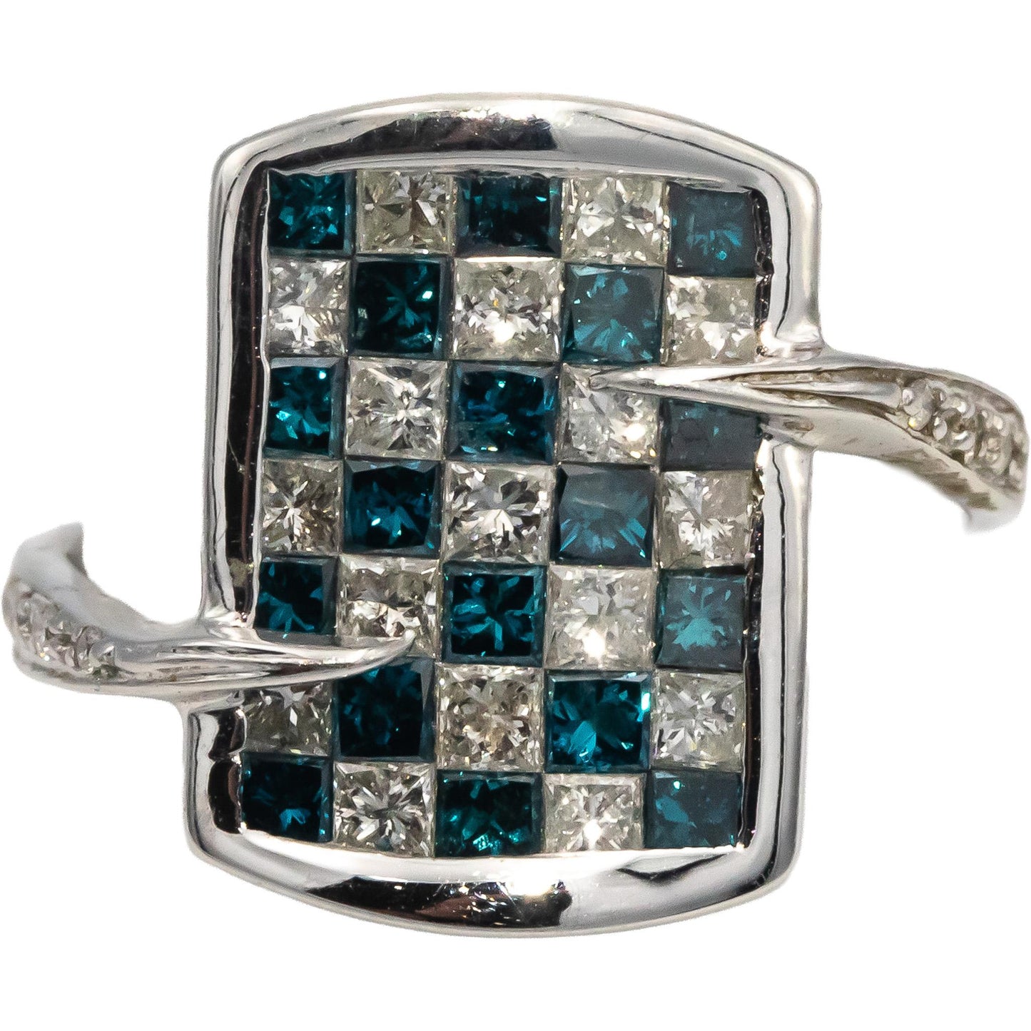 14k White Gold White & Blue Diamond Checkerboard Ring 1.0CT Size 7