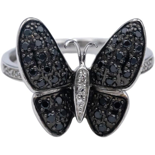 14k White Gold White & Black Diamond Cluster Butterfly Ring 0.35CT Size 6.5