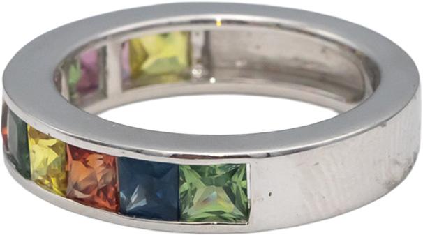 18k White Gold Square Cut Channel Set Rainbow Sapphire Band Ring 2.85CTW Size 7